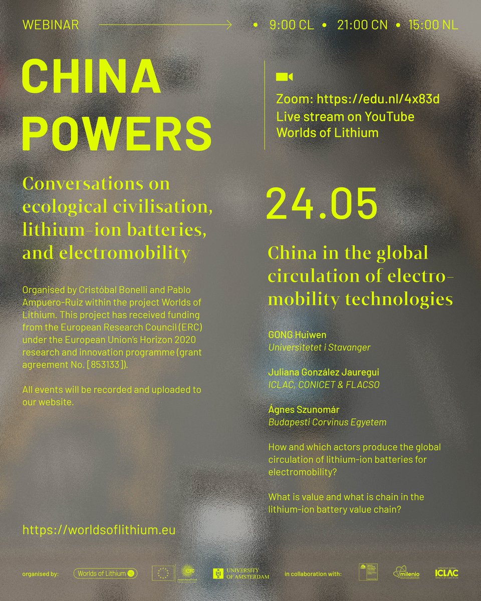 Join us for the 2nd session of our #ChinaPowers webinar! We'll dive into China's role in the global circulation of electromobility technologies. Don't miss out on this exciting conversation! Register now: edu.nl/4x83d #China #Electromobility #Lithium @UvA_AISSR