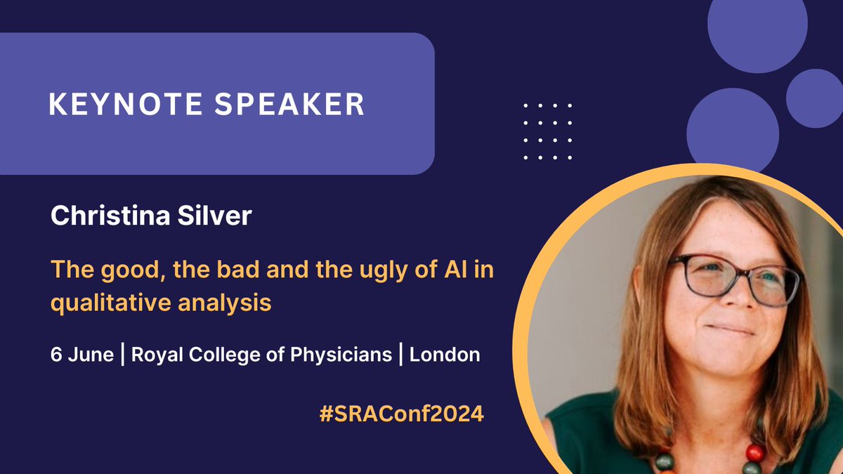 Christina Silver will be speaking at this years SRA Annual Conference on the good, the bad and the ugly of AI in qualitative analysis. Get your tickets here: bit.ly/3UNfJ8d @Christina_QDAS #SRAConf2024