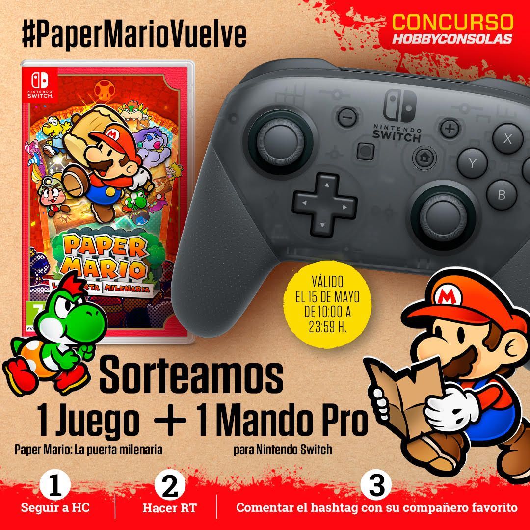 📢 ¡SORTEO!

🎁  1 copia de Paper Mario: La puerta milenaria + 1 mando Pro para Nintendo Switch

1️⃣ Síguenos
2️⃣ RT
3️⃣ Dinos cuál sería tu compañero favorito usando el hashtag #PaperMarioVuelve

⏰ ¡Termina HOY! BBLL: buff.ly/4dD0ndX