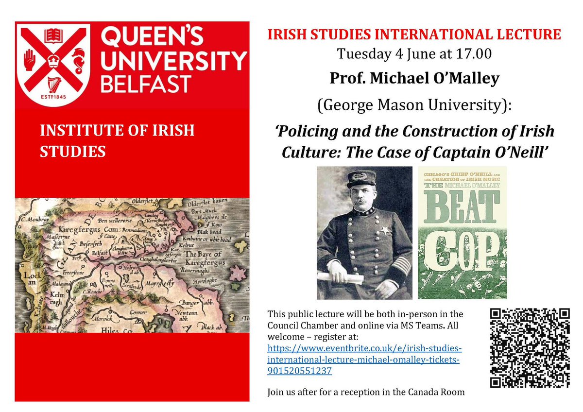 Our annual International Irish Studies Lecture will be given on 4 June by Prof Michael O’Malley (George Mason University) on ‘Policing and the Construction of Irish Culture: The Case of Captain O’Neill’ (in person and online). Register at eventbrite.co.uk/e/irish-studie…
