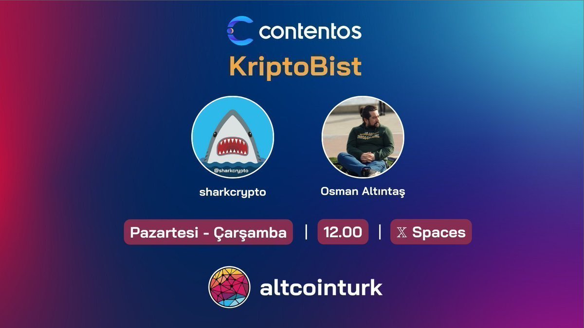 🎙️ @costurkiye katkılarıyla, @sharkcrypto ve @osmanaltintas’ın sunduğu KriptoBist programı bugün saat 12.00’de. ❓Analiz etmemizi istediğiniz coin ve hisseleri twit altına yazabilirsiniz. Hatırlatıcı ayarla! x.com/i/spaces/1drkz…
