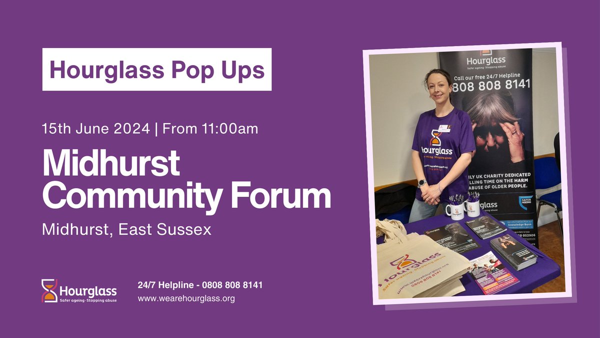 This morning, we're attending the Midhurst Community Forum, raising awareness of our #CommunityResponse service in Sussex. From 11am onwards, come and speak to our team ⏳ Find out about all our #PopUp events here: wearehourglass.org/pop-ups