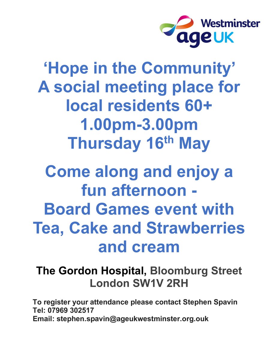 Drop in to our Hope in the Community space this Thursday afternoon where our partners at @ageukwest are hosting a social meet-up for locals 60+. All details attached ☕