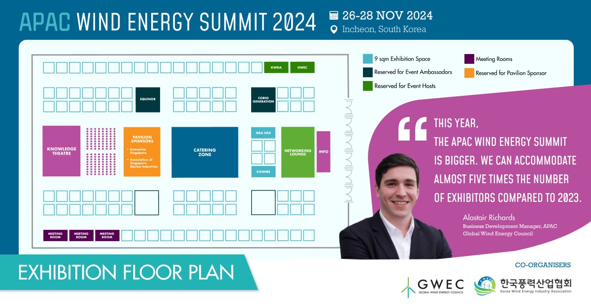 Get a first look at the #APACWindEnergySummit 2024 exhibition floor plan! 👀

This year, we can accommodate almost 5x the number of exhibitors compared to 2023.

Elevate your brand at the summit today:
📝 gwec.net/apac-wind-ener…

#Time4Action #3xRenewables