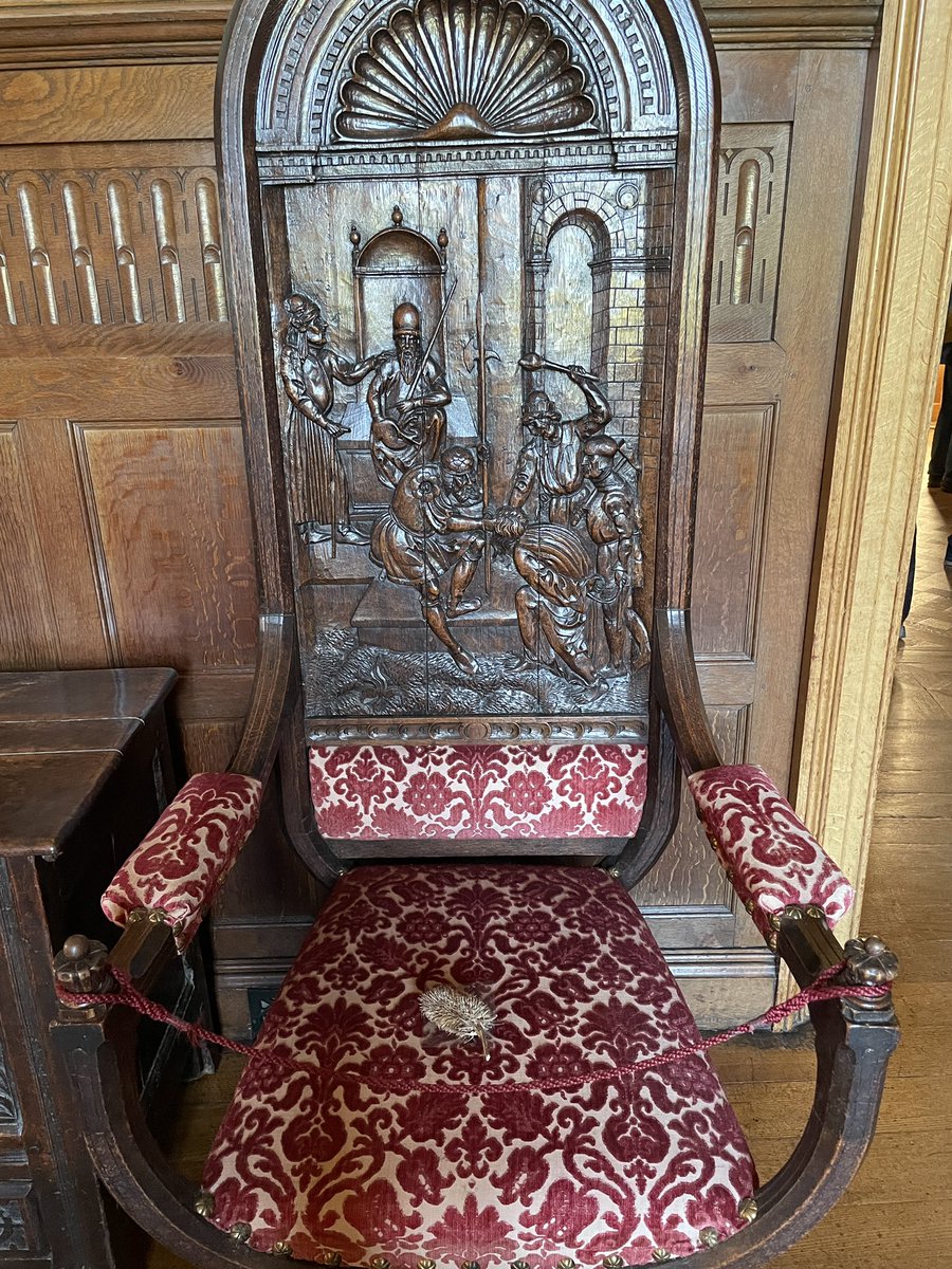 From my recent visit to Dunster Castle  — a pair of high-backed armchairs. National Trust collections website suggests the panels probably Flemish from around 1600. 

#woodensday #woodcarvingwednesday