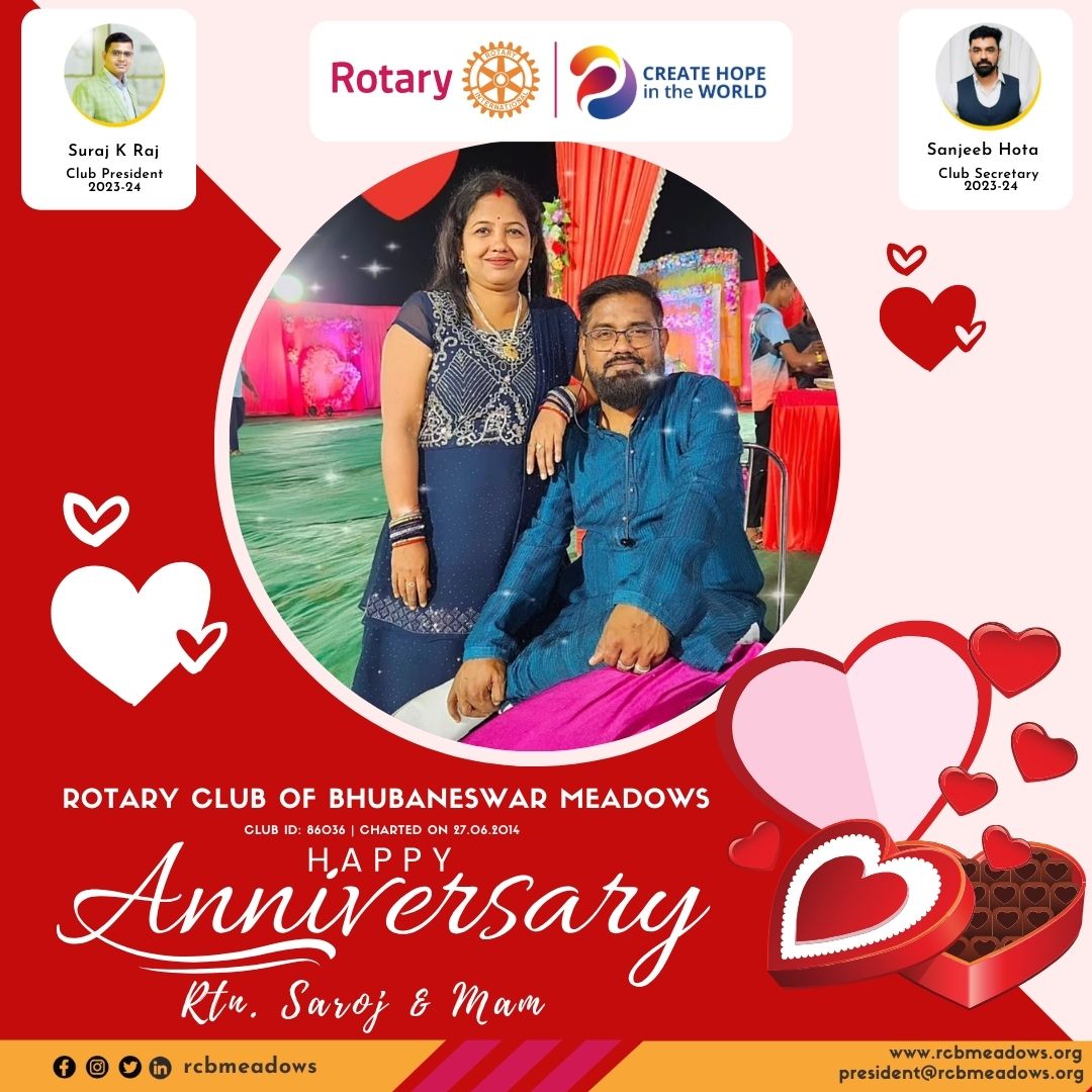 🌸✨ Happy Wedding Anniversary to our wonderful Rtn. Saroj Tarasia and your beloved spouse! ✨🌸 With love and warm wishes from your RCB Meadows family. 💐🎉 #WeddingAnniversary #LoveAndJoy #RCBMeadows #RotaryFamily #AnniversaryWishes