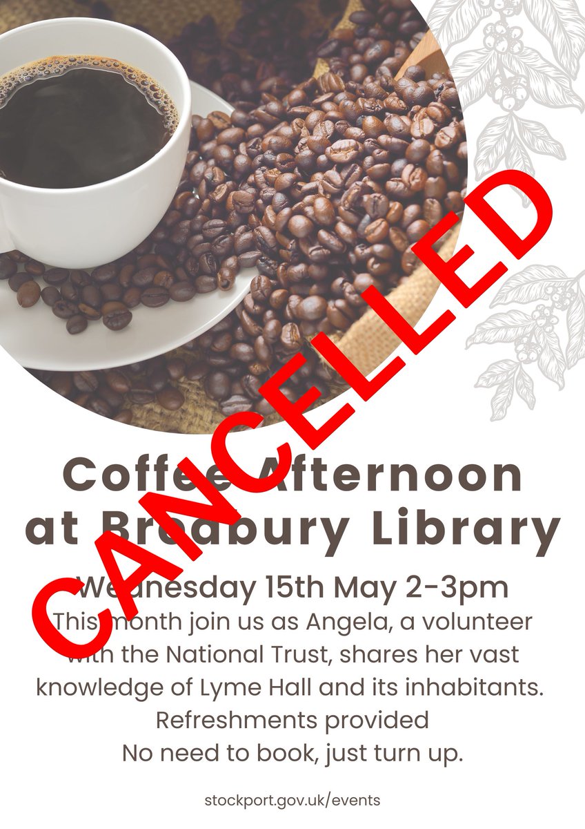Due to unforeseen circumstances we have had to cancel coffee afternoon this month. Join us next month for a fraud awareness talk by Greater Manchester Police.