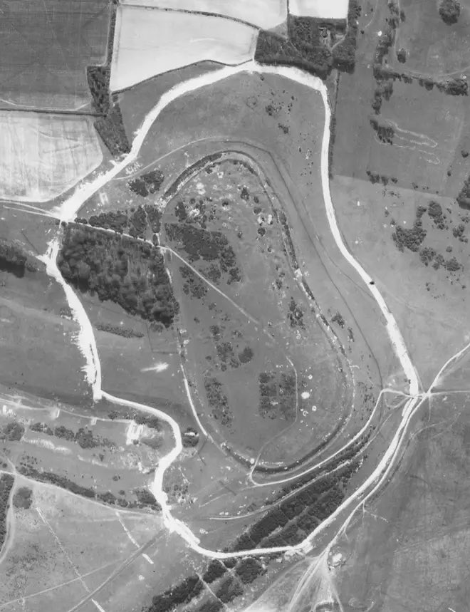 Detail showing the anti-tank ditch surrounding Cissbury Ring Iron Age hillfort, Worthing, West Sussex, 22 April 1944. 📷 Historic England Archive #HillfortsWednesday