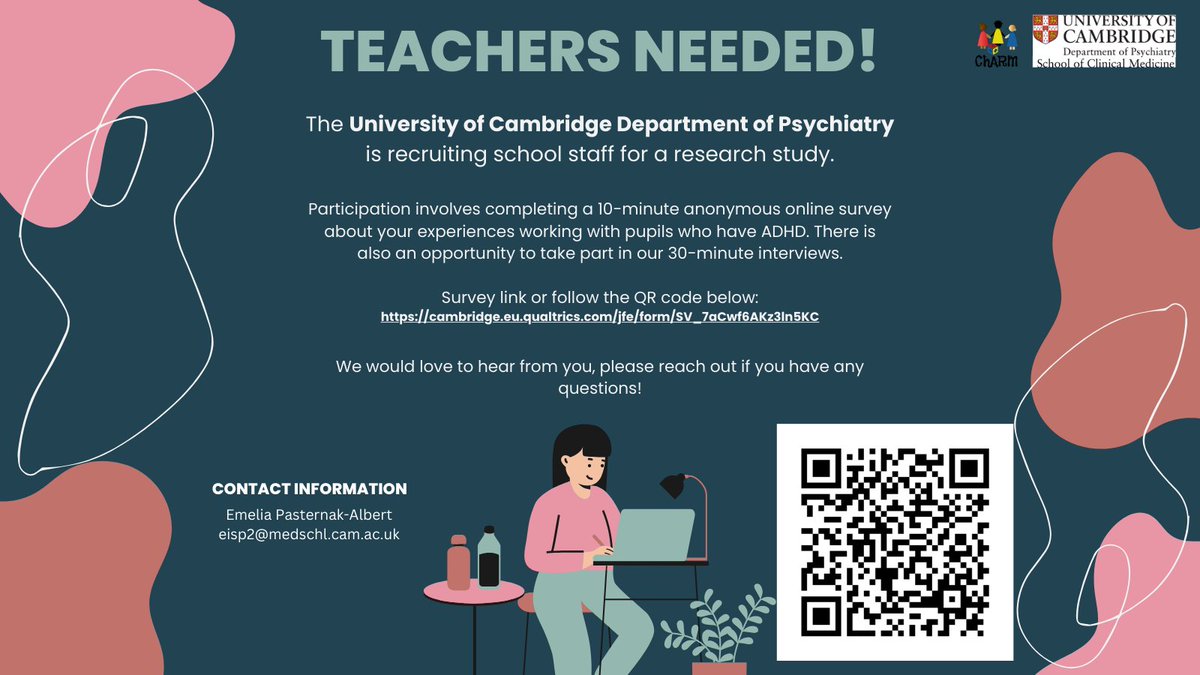 Recruiting school staff for a study of experiences teaching pupils with ADHD. The 10-minute anonymous online survey can be accessed here: cambridge.eu.qualtrics.com/jfe/form/SV_7a… any questions, please contact Emelia Pasternak-Albert at eisp2@cam.ac.uk @ChARMpsych