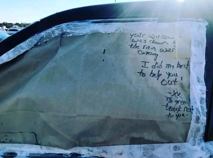 I parked my car in an outdoor lot. I forgot to roll up my window, because my mind, as always, must’ve been on other things. I came back a long time later — many, many, many days later. Look what a perfect stranger had done for me, in my absence. Look at the beautiful poem of love