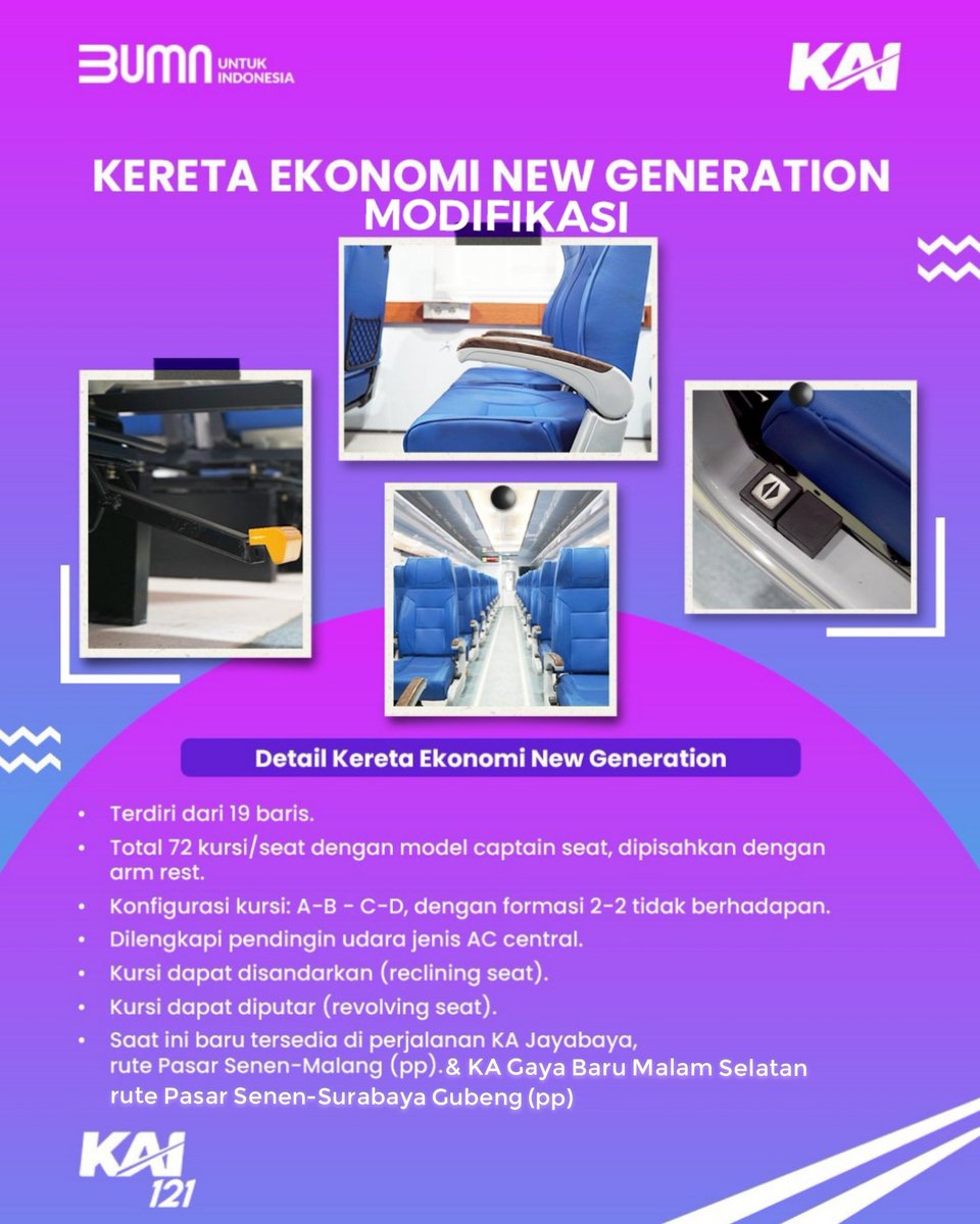 KERETA NEW GENERATION
yang beroperasi per 14 Mei 2024.

⭐Eksekutif New Generation SS:
🚊KA ARGO BROMO ANGGREK
(Gambir - Semarang Tawang - Surabaya Pasar Turi P. P) 
🚊KA ARGO DWIPANGGA
(Gambir - Purwokerto - Solo Balapan P. P) 
🚊KA ARGO LAWU
(Gambir - Purwokerto - Solo Balapan