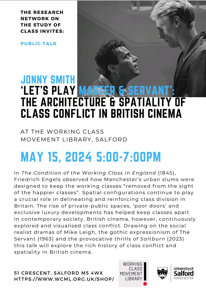 Just a reminder if you're in the Manchester/Salford area later come to my talk on architecture & class conflict in British Cinema! 5pm at the Working Class Movement Library - just turn up! Can I get a RT @baftss?