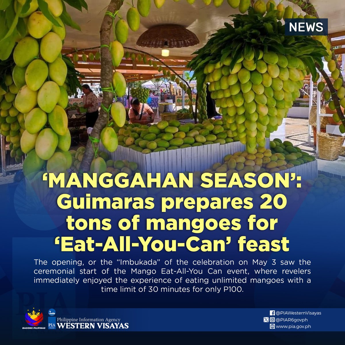 This year’s celebration of the highly-anticipated Manggahan Festival of Guimaras province promises tourists a full taste of its sweetest mangoes through the popular eat-all-you-can treat.

Full story: pia.gov.ph/news/2024/05/1…

#BagongPilipinas
#PIAWesternVisayas
#GetInformed
