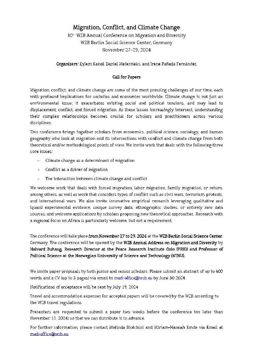 📄Call for Papers for the 10th WZB Annual Conference on Migration and Diversity on November 27 to 29, 2024. #madconf24 More information👉wzb.eu/de/events/migr… @scmrjems, @ERSjournal @ECPR_Migration @ASAmigration @akadsoz @scriptsberlin @irenepaneda