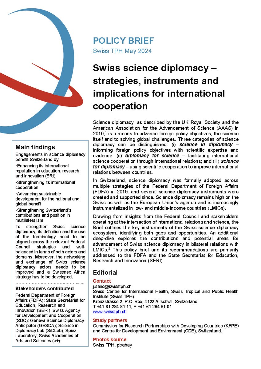 #ScienceDiplomacy is a tool for advancing foreign policy objectives, research &amp; addressing global challenges.
A new policy brief by <a href="/SwissTPH/">Swiss TPH</a> provides an overview of #Switzerland's science diplomacy ecosystem, highlighting opportunities &amp; gaps.

read more: swisstph.ch/en/research/re…