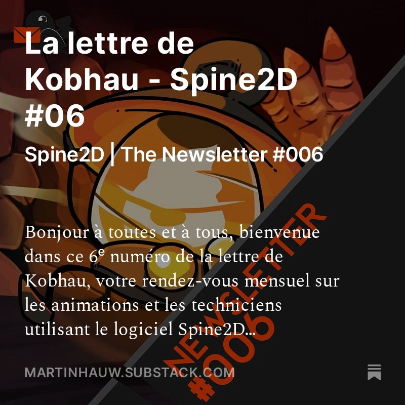 It's time for you to take a break ! ☕️ 

Here's this month's inspiration capsule, featuring creations by animators using #spine2D software. Discover little nuggets as well as freshly released games.

#madewithspine #newsletter #animation #art 

martinhauw.substack.com/p/la-lettre-de…