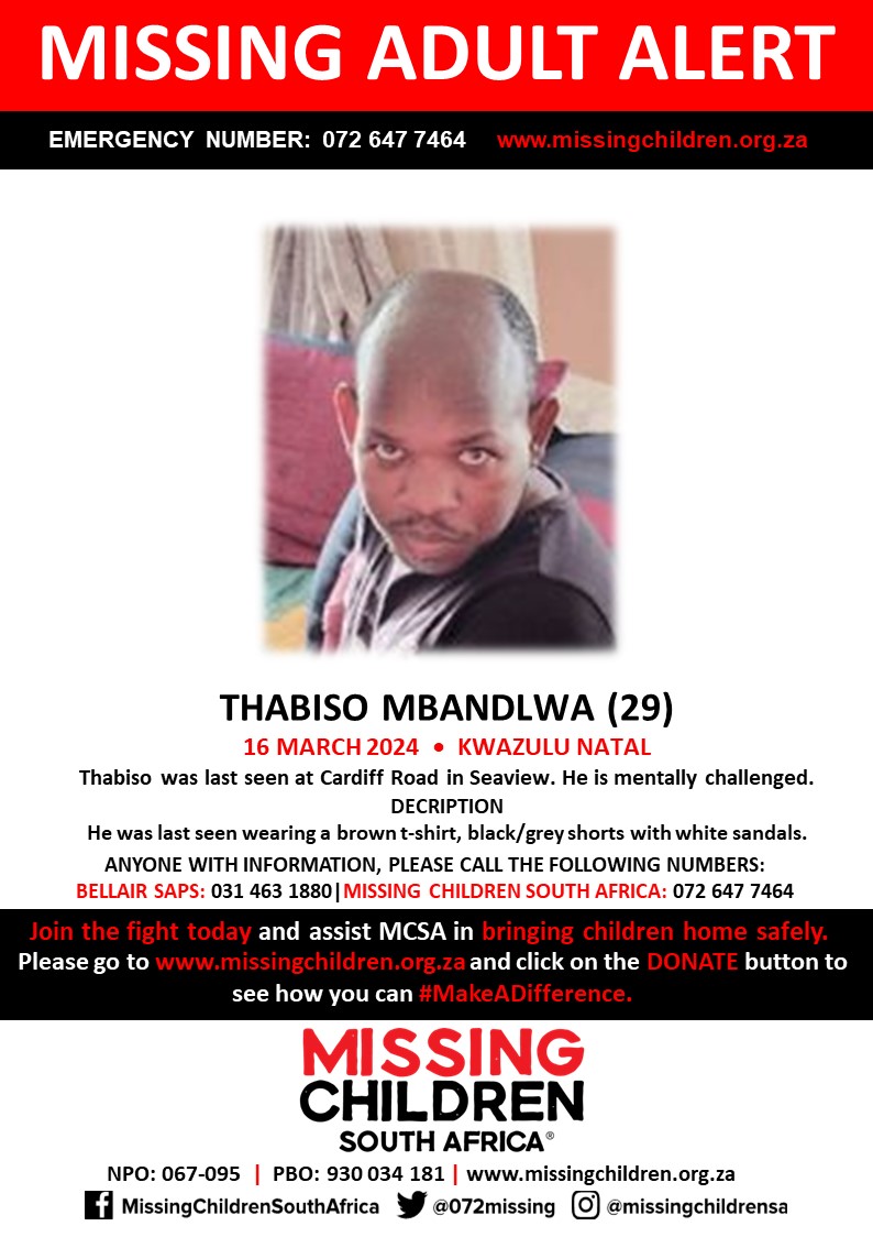 #MCSAMissing 

Thabiso Mbandlwa (29) was last seen 16 March 2024

If you personally, or your company | or your place of work, would like to make a donation to #MCSA, please click here to donate: missingchildren.org.za/page/donate