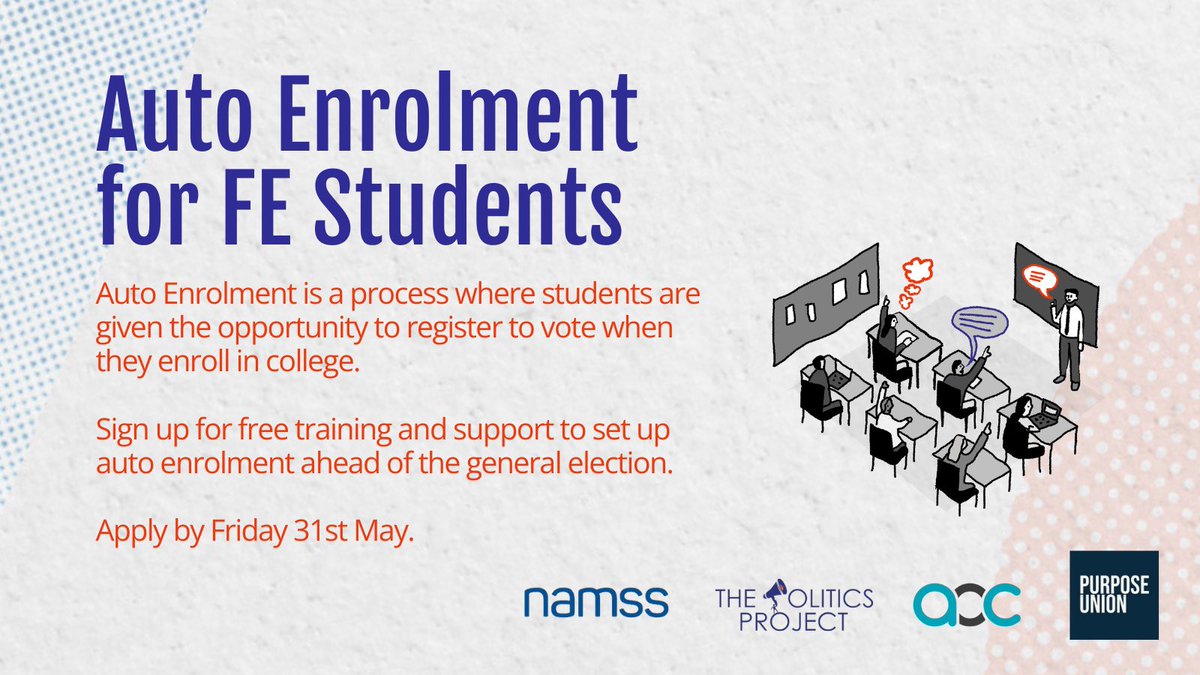 Auto Enrolment allows students to be given the chance to register to vote as they enrol at college 🗳 Sign up for free training and support to set up auto enrolment in your Further Education college ahead of the next #GeneralElection. 🔗 airtable.com/appyB7IPns8dVQ…