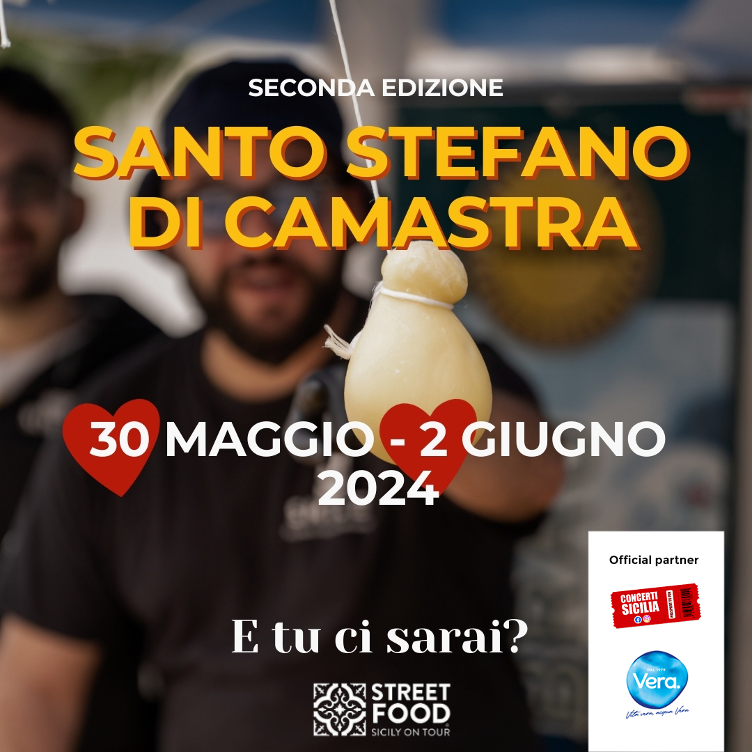 Street Food Sicily on Tour - 30 maggio - 2 giugno 2024 𝗦𝗮𝗻𝘁𝗼 𝗦𝘁𝗲𝗳𝗮𝗻𝗼 𝗱𝗶 𝗖𝗮𝗺𝗮𝘀𝘁𝗿𝗮 
🌭 Street Food
🍻 Birra artigianale
🎙 Live music
🤹‍♂️ Intrattenimento
🎧 Dj set
#yummysicily #visitsicilyinfo #eventisicilia24 #food