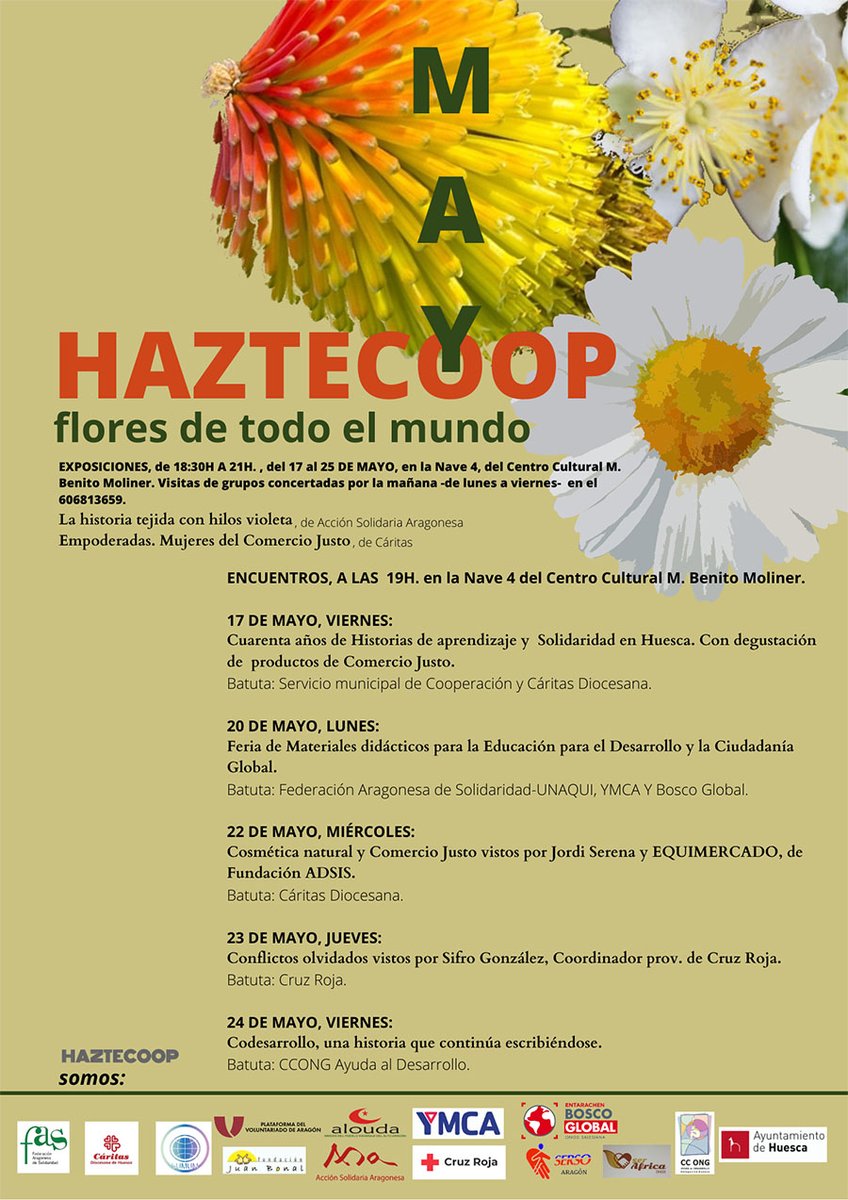 🌍✨ ¡Únete a las actividades de 'Flores de Otro Mundo' en Huesca y sumérgete en la solidaridad internacional y la cooperación al desarrollo durante todo mayo! 🌸 Participa en las exposiciones y encuentros. aragonsolidario.org/eventos/flores…