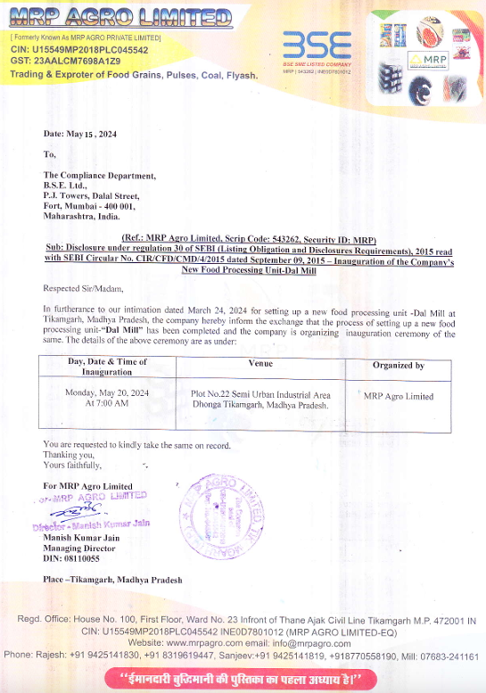 MRP Agro inaugurating its new plant on 20 May. As per its FY24 balance sheet, It has likely spent around 11cr on this plant.

#FoodProcessing
#SME 
#Longterminvesting