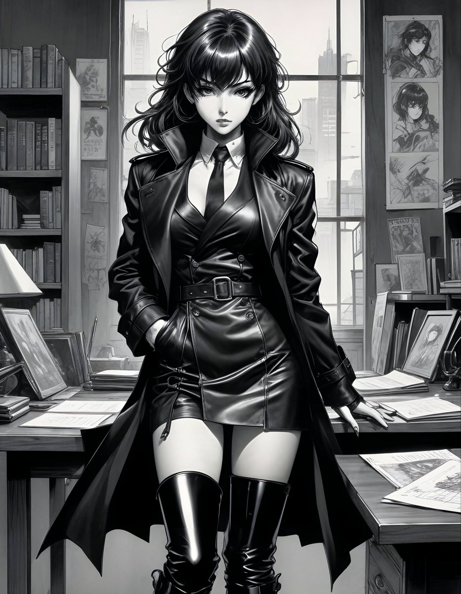 Female Detective

Inspired by @LienakiAI 

Created with @freepik 
Style: Anime
Color: B&W

Upscaled with @Magnific_AI 
2X / Film & Photography

Prompt: beautiful female detective in black leather knee high boots and trench coat sitting on desk, short skirt with side cut out,