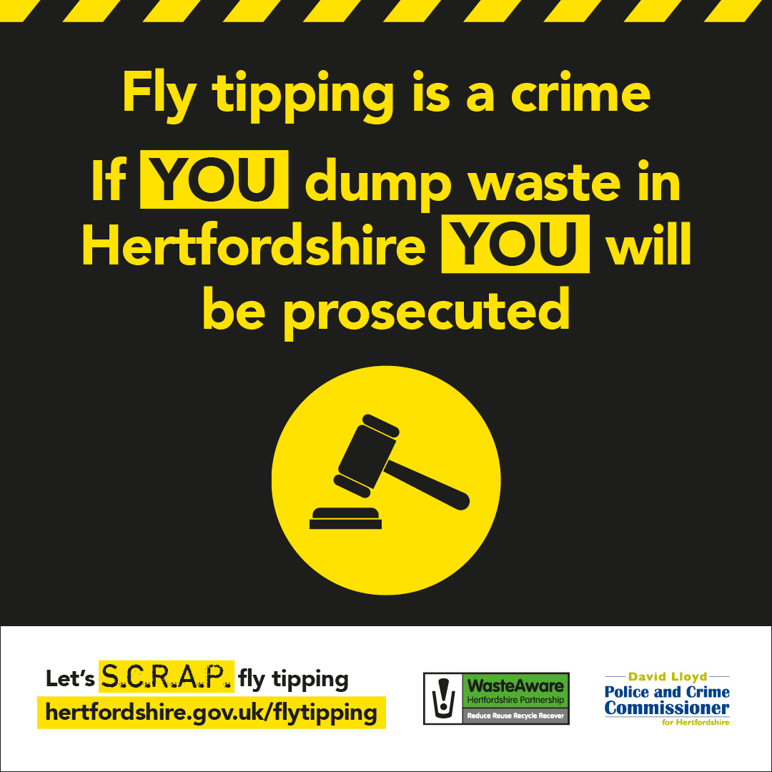 You can be fined for not disposing your waste properly. 🗑️♻️
 
⚠️If you dump waste, or your waste is found dumped, you will be prosecuted.

Follow the S.C.R.A.P code at hertfordshire.gov.uk/flytipping

#ThreeRivers #SCRAPFlyTipping #FlyTipping @HertsWasteAware @hertscc