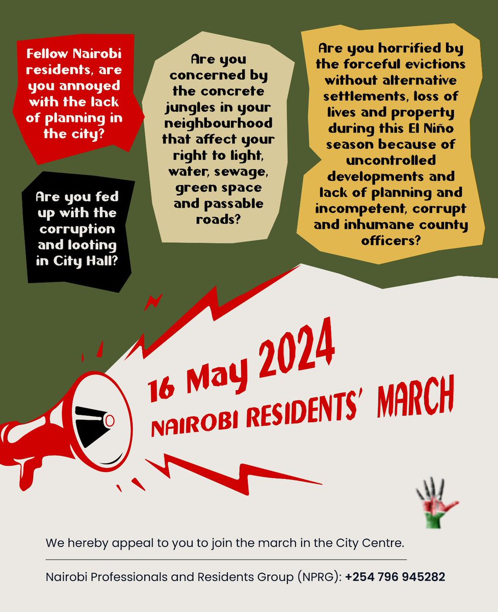 Nairobi Professionals and Residents Group (NPRG) leads the charge for accountability! Join us on May 16 in City Centre, Nairobi, as we demand action on urban planning, corruption, and more. Let's stand together for a better Nairobi! #NairobiMarch #AccountabilityNow