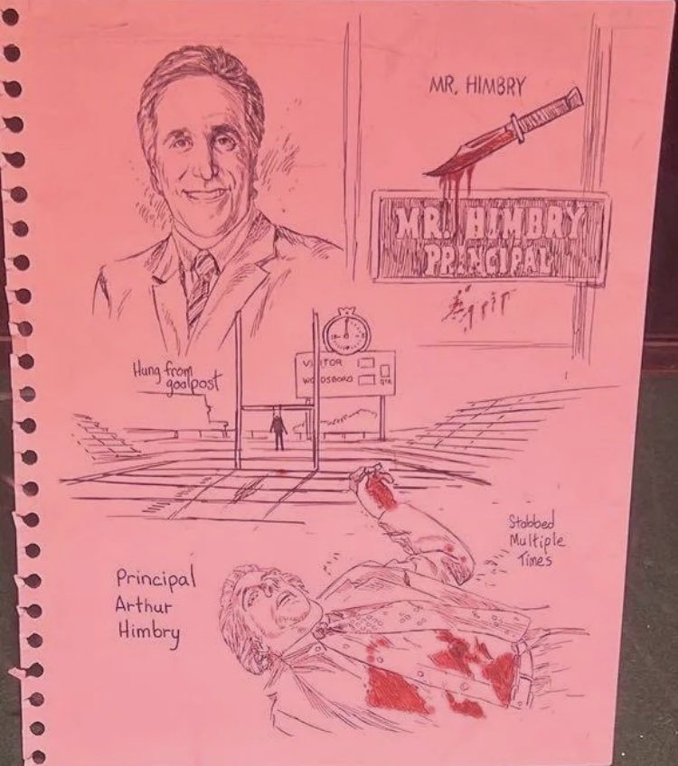 Este dibujo de la muerte del director Himbry en #Scream aparece en el santuario de #ScreamVI. Pero… ¿Cómo saben cómo quedó el cuerpo de Himbry tras ser apuñalado si lo encontraron colgado del poste del instituto tal y como se ve también en el dibujo?