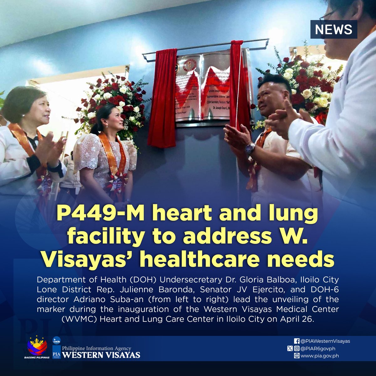 The recently inaugurated Heart and Lung Care Center (HLCC) at the Western Visayas Medical Center (WVMC) in Iloilo City is expected to aid the healthcare needs of the region.

Read more: pia.gov.ph/news/2024/05/1…

#BagongPilipinas
#PIAWesternVisayas
#GetInformed