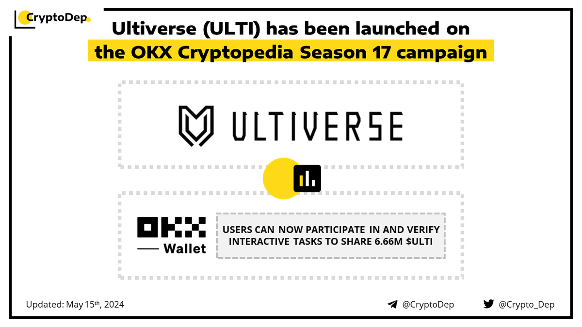 ⚡️ @UltiverseDAO $ULTI has been launched on the @OKX Cryptopedia Season 17 campaign OKX Cryptopedia Season 17 is now live till May 20th, with 6.66M #ULTI tokens allocated to rewards. Users can now participate in and verify interactive tasks related to Ultiverse and get a chance