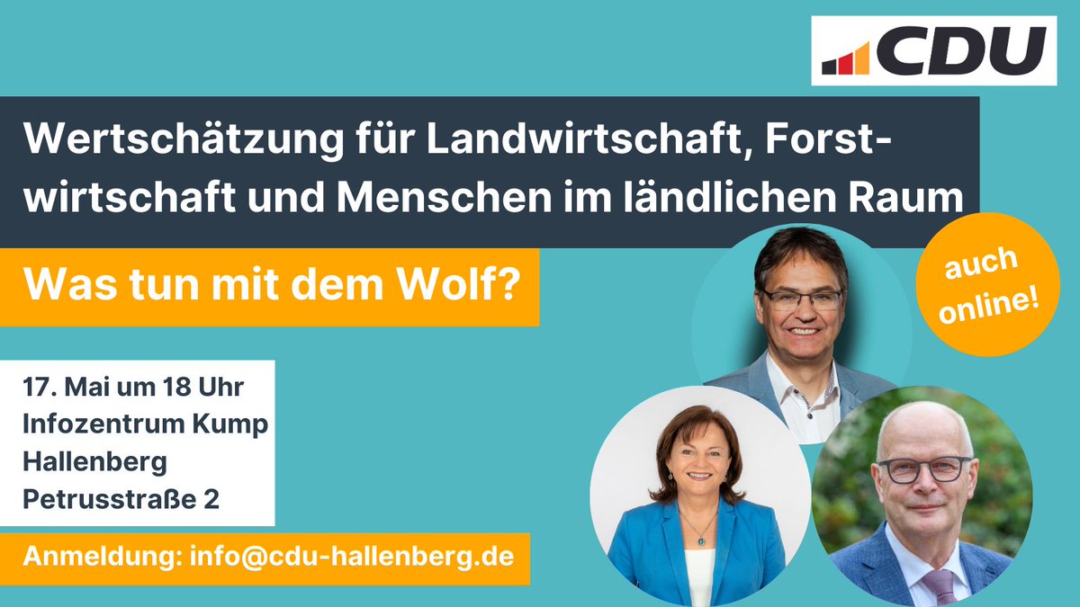 Welchen Einfluss hat Europa auf die #Landwirtschaft?🌾Was tun mit dem #Wolf?🐺 Diskutieren Sie mit! 🗣️ Marlene Mortler, MdEP 🗣️ Hubertus Beringmeier, Präsident WLV 🗣️ Bernd Eichert, Wolfsbeauftragter WLV 🗣️ Eric Broch, Weidetierhalter Auch digital 👉us06web.zoom.us/j/86160620613