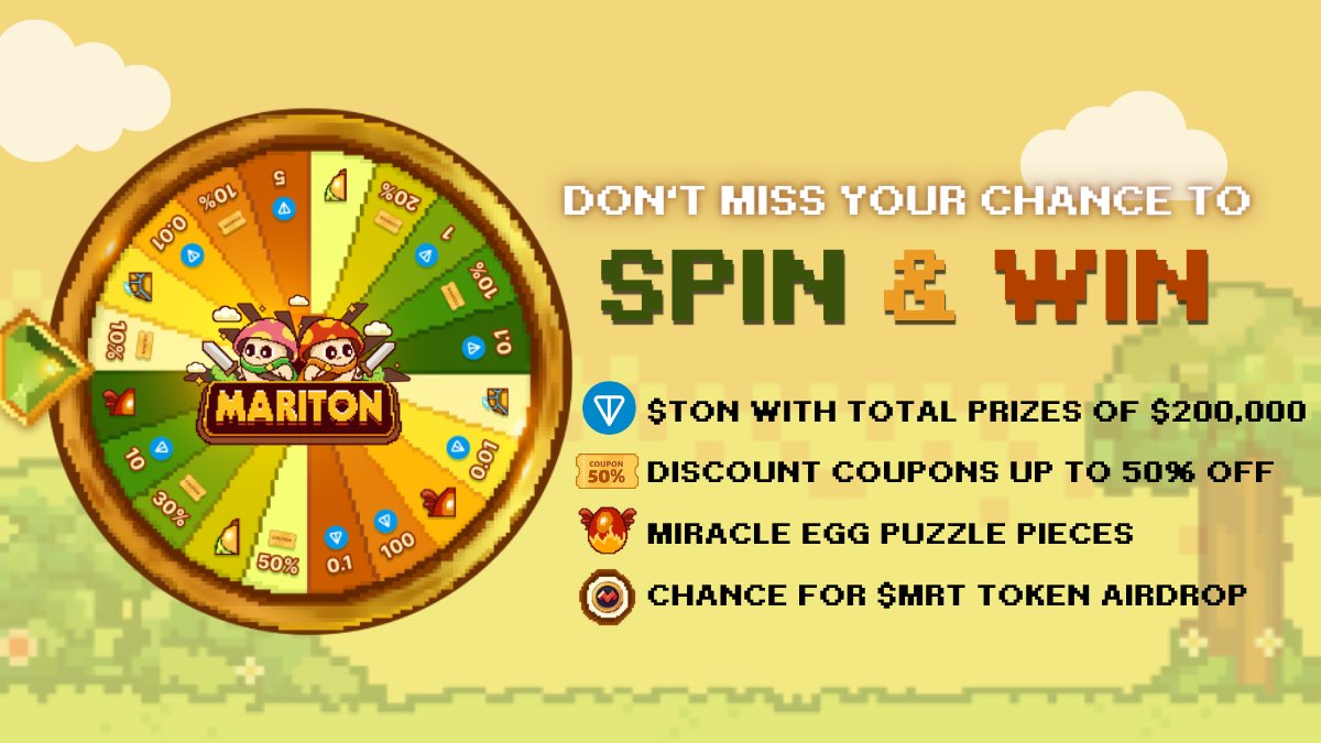 Mariton_game's tweet photo. 🌟 Become a Mushroom Warrior and join the adventure in the #Mariton Kingdom. Exciting rewards await! 

🎡 Spin the Wheel of Fortune to win:  
1⃣$TON with total prizes worth $200,000 💸 
2⃣Discount coupons for Miracle Egg, up to 50% off 🥚
3⃣Egg puzzle pieces to assemble Miracle Eggs upon game launch 🧩 

🎁 Unlimited spins! The more friends you invite, the more spins you get and the better your chances of receiving a Mariton token ($MRT) airdrop!

Spin here:
🕹 Game Bot:  https://t.co/BjIKjgiJAy✨ 

Official Links
🐧 X: https://t.co/ncRsVV4u53
🗯 Discussion: https://t.co/O2Z92TuykF
🔉 Announcement: https://t.co/LVk4d0akeJ
📒 Docs: https://t.co/nbKzEl0ugj

#Mariton #TON #GameFi #SpinToWin #Airdrop