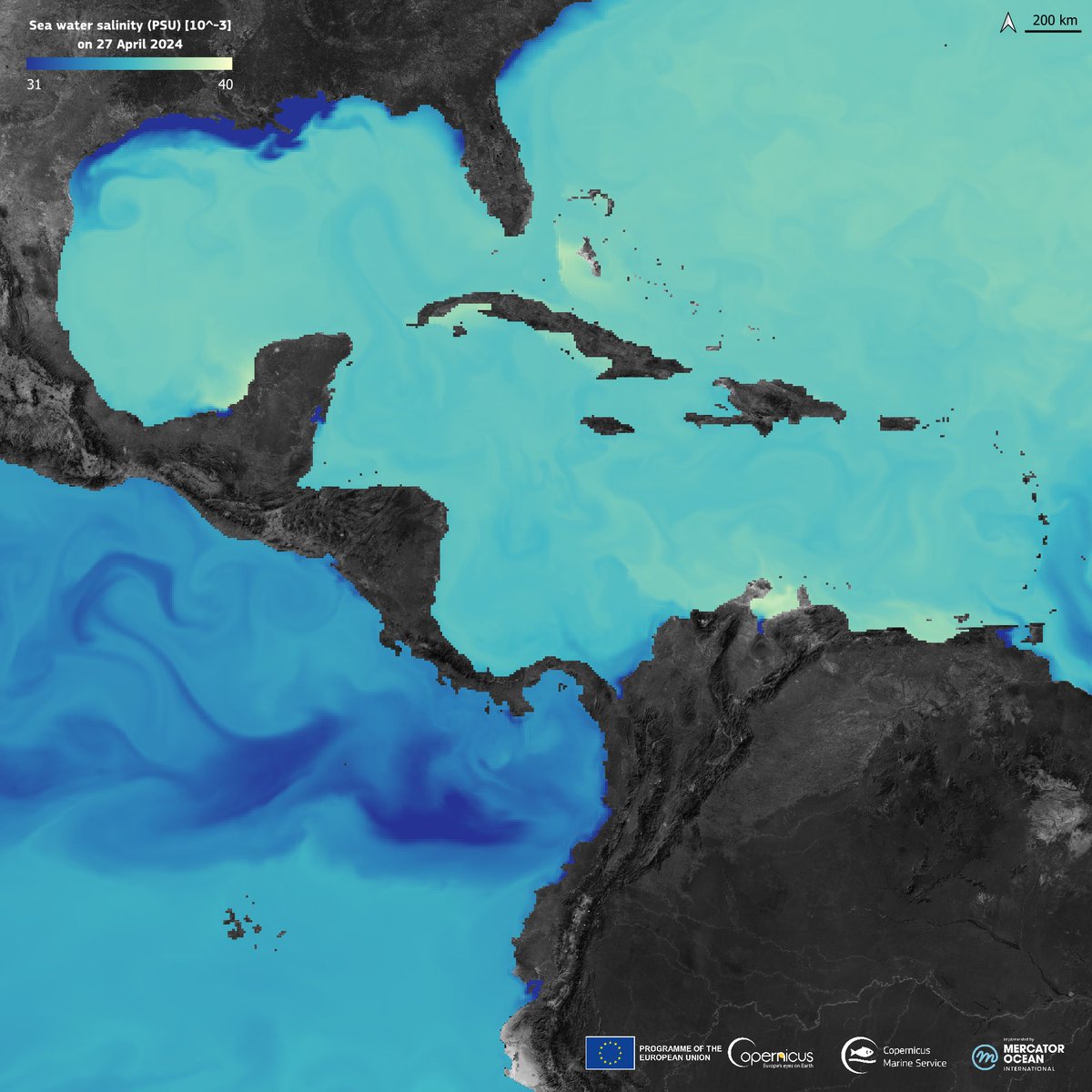 Central America 🌎 borders the Pacific Ocean to the west & the Caribbean Sea to the east

The Pacific generally receives more freshwater from rivers and has more rainfall, leading to lower average salinity📉

⬇️Water salinity on 27 April, visualised using #CopernicusMarine data