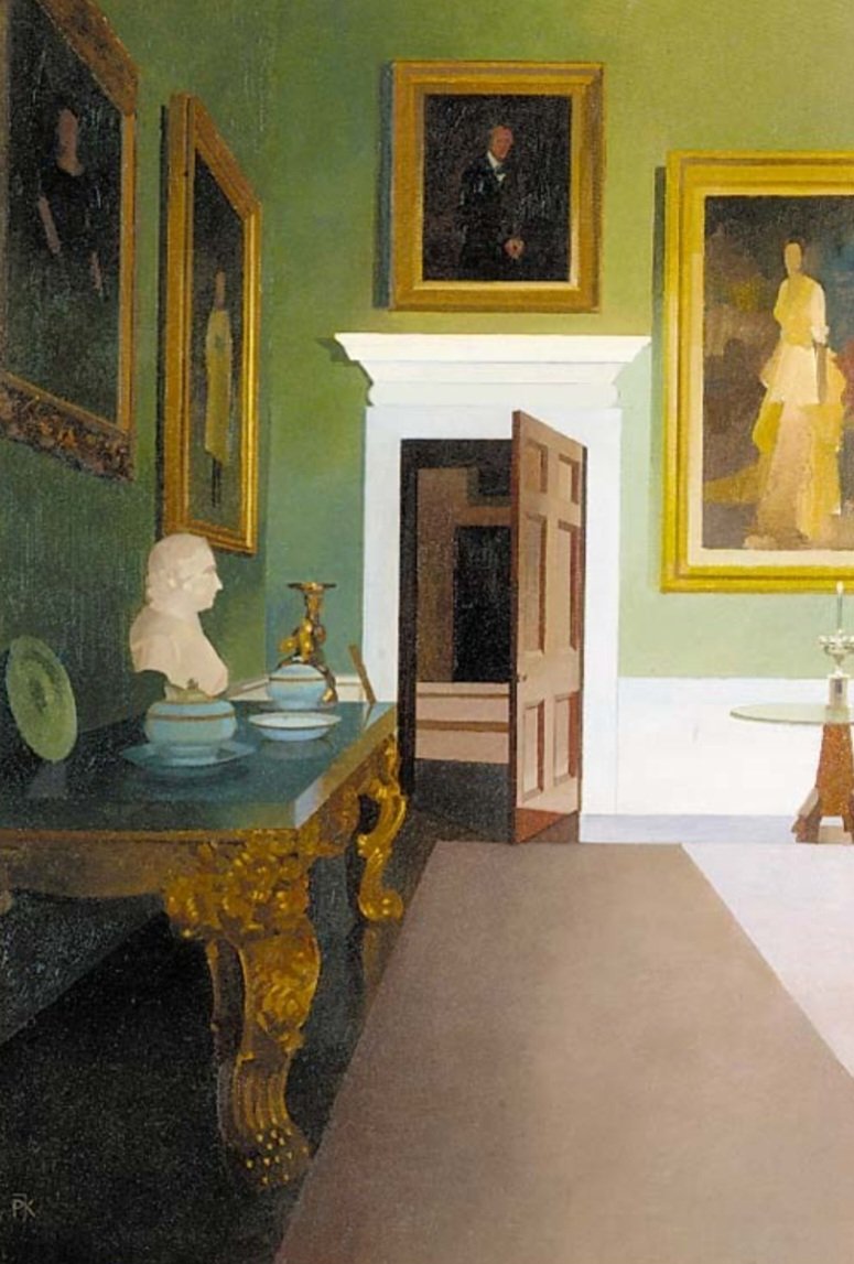 Peter Kelly's painting of a room at  Ickworth House, the Italinate palace near Bury St Edmunds in Suffolk, shows the fine classical draughtsmanship and the unspoken narrative that characterises much of his work. 

Work on Ickworth and its extraordinary Rotunda, the idea of the