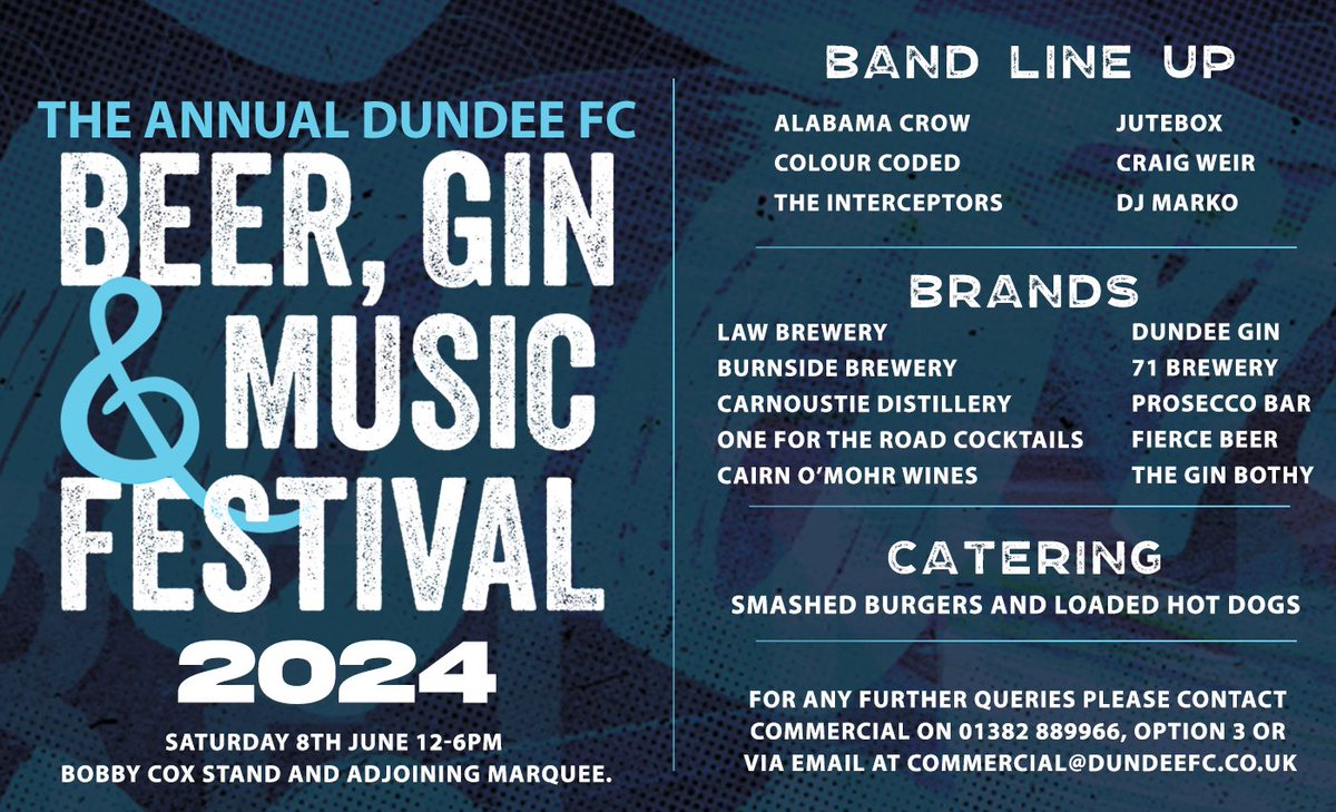 We are delighted to announce the full band line up and all the brands that will be on offer at the 2024 Dundee FC Beer, Gin and Music Festival. Find out everything you need to know on the club website: dundeefc.co.uk/news/line-up-b… #thedee