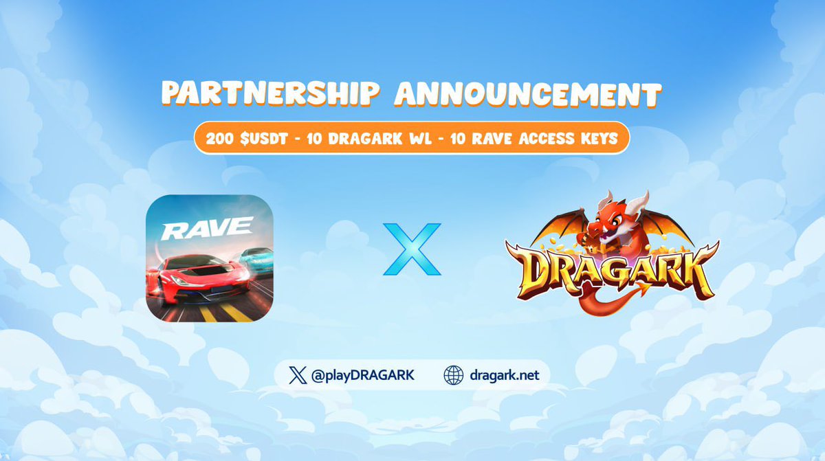 Partnership Announcement &amp; Giveaway 
<a href="/ravegamenft/">Rave | Alpha Test Live Now</a> 🤝 <a href="/playDRAGARK/">DRAGARK on Mainnet 🐉</a>

Rewards:
💰 200 USDT
🎁 10 Dragark WL spots
🔑 10 Rave Access Keys

🏁To win:
- Follow <a href="/playDRAGARK/">DRAGARK on Mainnet 🐉</a> &amp; <a href="/ravegamenft/">Rave | Alpha Test Live Now</a>
- Like &amp; Retweet this post
- Comment “Ready” &amp; Tag 3 friends 

👉Join now to get many amazing