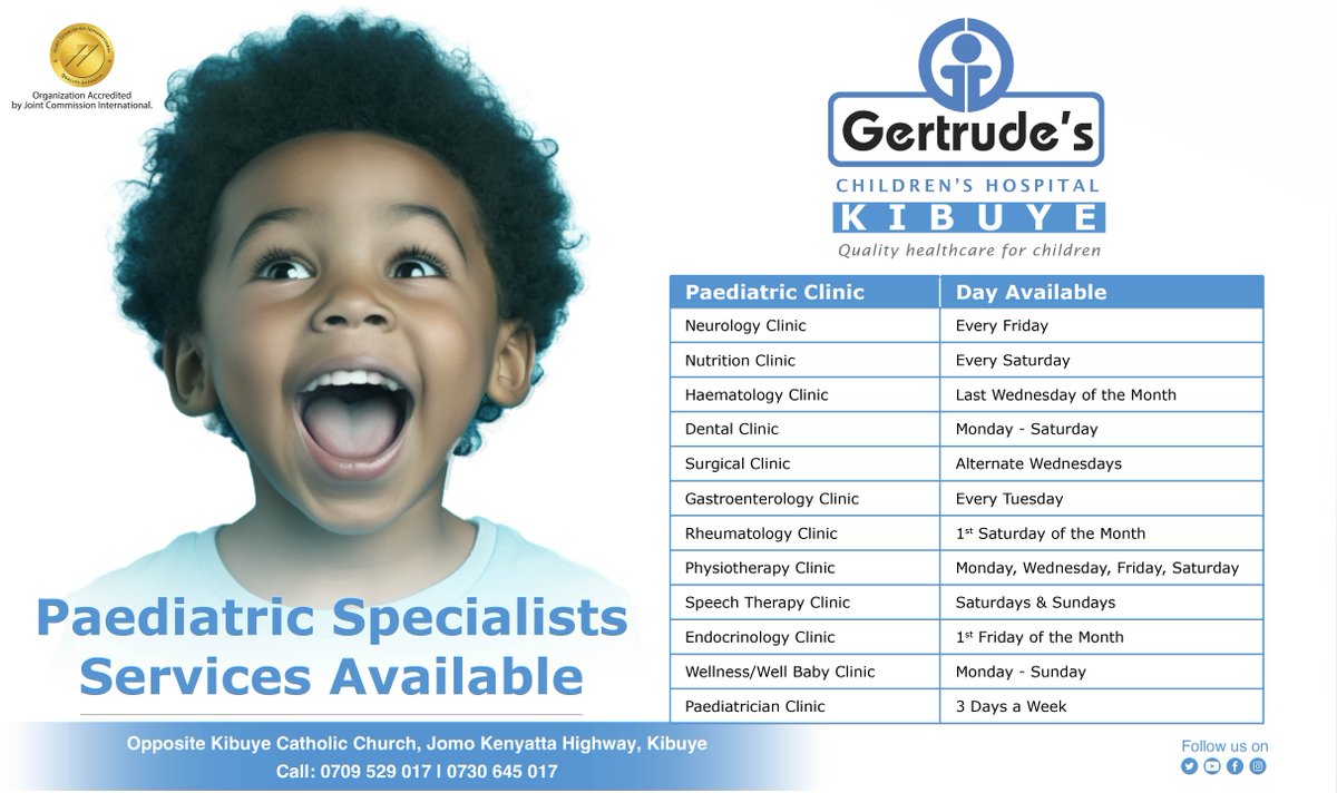 Gertrude's Children's Hospital Kisumu, is your go-to destination for paediatric excellence. Elevate your child's health journey with us! We are adjacent to St. Theresa’s Catholic Church, Kibuye, off Jomo Kenyatta Highway. Call 0709529017. #GertrudesKe #GertrudesCares