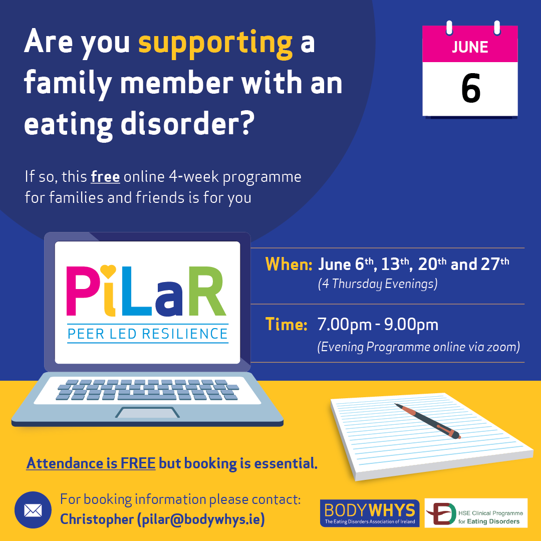 📣Our next PiLaR programme for family members & friends will take place on Thursday evenings (7pm - 9pm) from 6th - 27th June 🧾For bookings: Please fill out the form: bodywhys.ie/supporting-som… or contact: pilar@bodywhys.ie @NCP_ED @HarrietParsons @caredireland @MaryButlerTD