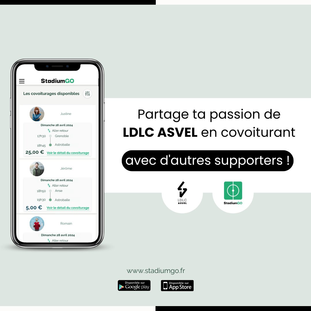 En covoit' jusqu'à l'Astro avec @stadiumgo 🤝 🚘 Favorisez le covoiturage lors de votre venue ce jeudi à 20h00 à l'Astroballe pour notre match de playoffs face à @SQBB_Officiel ! ℹ️ Inscription + informations à retrouver sur notre site : ldlcasvel.com/venez-a-lastro… #LDLCASVEL