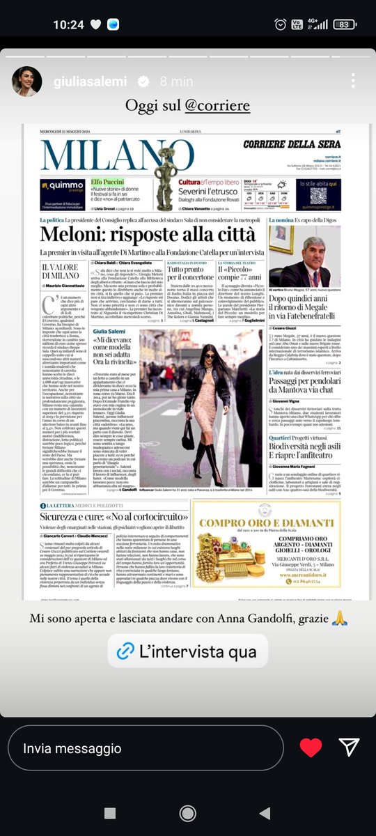 instagram.com/stories/giulia… #PRELEMI storia Giulia ci lascia il link della sua intervista sul @Corriere andiamo tutti a leggerla 🥹❤️🍀 #giuliasalemi @GiuliaSalemi93