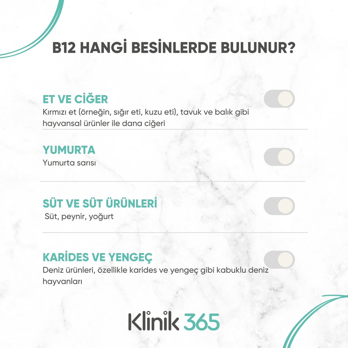 #B12Vitamini hakkında bilgi vermek gerekirse, vücudun sinir sistemi ve kan hücreleri için çok önemli bir vitamindir. Et, balık, süt ürünleri gibi besinlerde bulunur. #Sağlık #beslenme #klinik365 #onlinebeslenme #onlinediyet #onlinediyetisyen