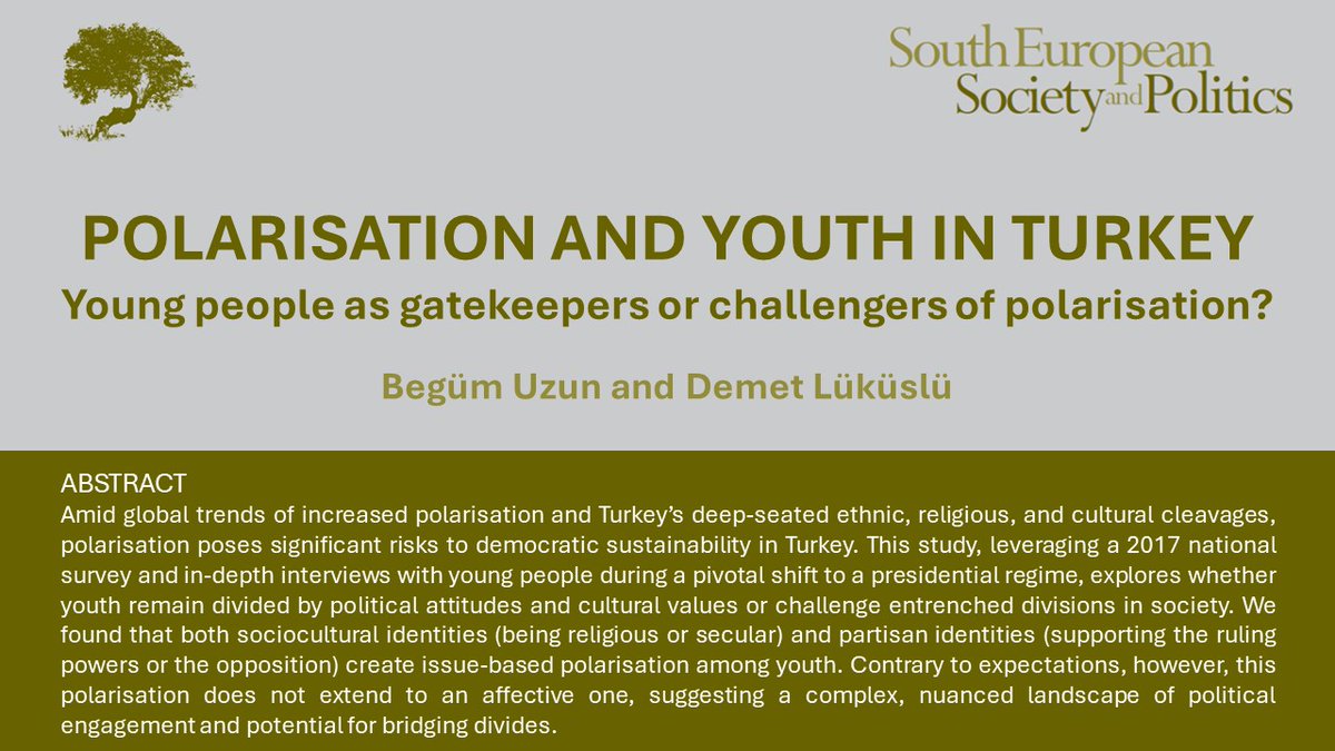 🥁The article by Begüm Uzun and Demet Lüküslü ‘#Polarisation and #youth in #Turkey: young people as gatekeepers or challengers of polarisation?’ will be #FreeAccess until the end of June. ⏳🆓Hurry up and DOWNLOAD IT HERE ⬇️ tandfonline.com/doi/abs/10.108…