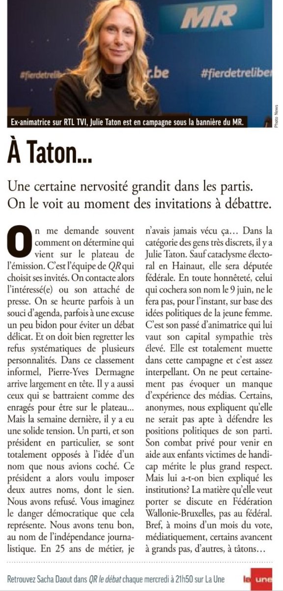 Julie Taton, la grande muette.
#MR #Elections2024
(via Sacha Daout dans Moustique)