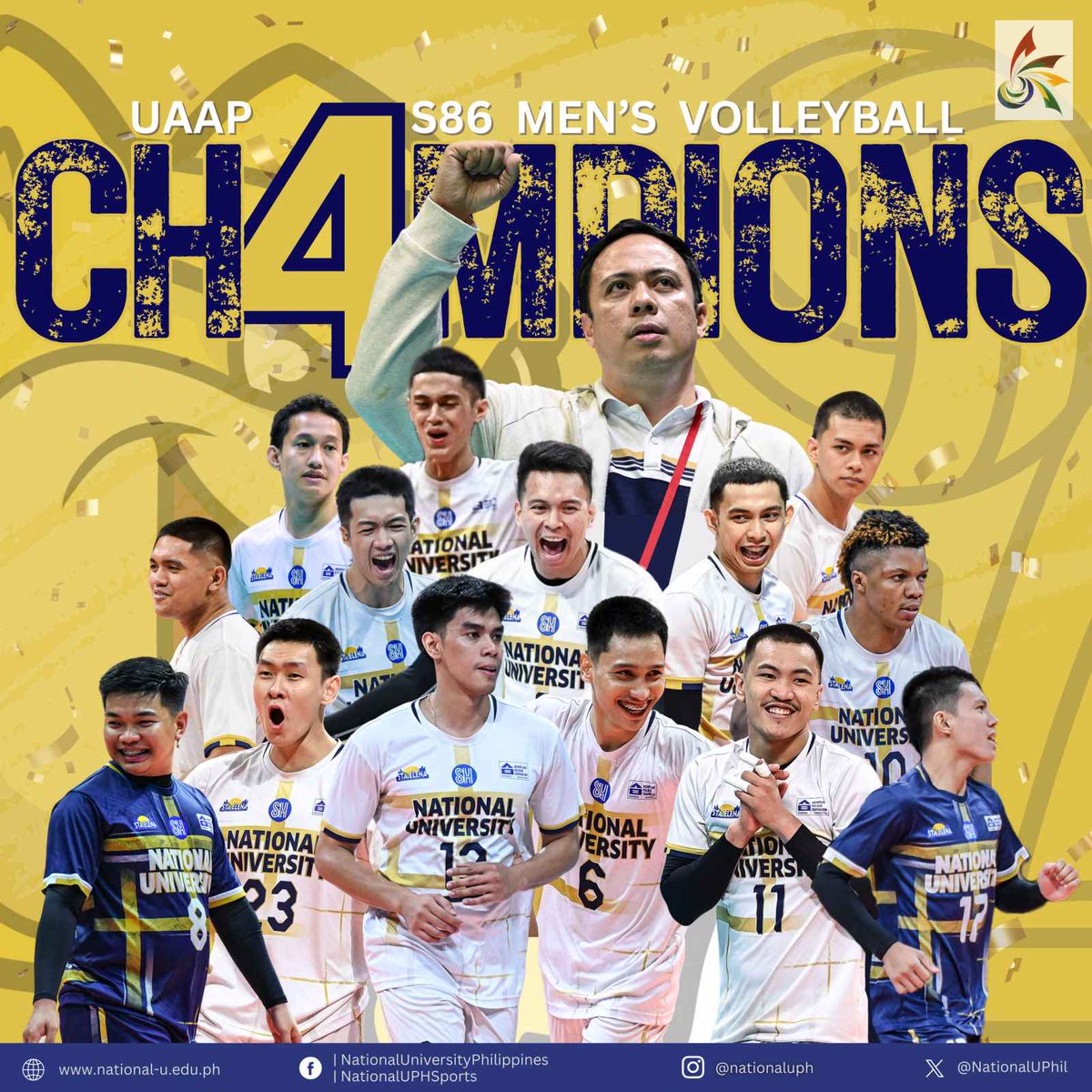 FOUR-PEAT CHAMPS! 💛💙

The NU Men’s Volleyball team brought Jhocson its 4th consecutive Championship title following their Finals sweep against UST, 25-21, 22-25, 25-17, 25-15, today at the Mall of Asia Arena.

📷: UAAP Media Bureau, James Lapuz
#GoBulldogs #UAAPSeason86