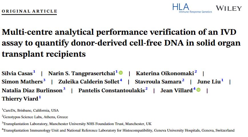 New! GCIR Pr Jean Villard's team contributed to a multi-site study validating a next-generation sequencing test to detect donor-derived cell-free DNA (dd-cfDNA) in #transplant recipients. The test detects rejection early, enabling faster interventions! bit.ly/4aoKIvM