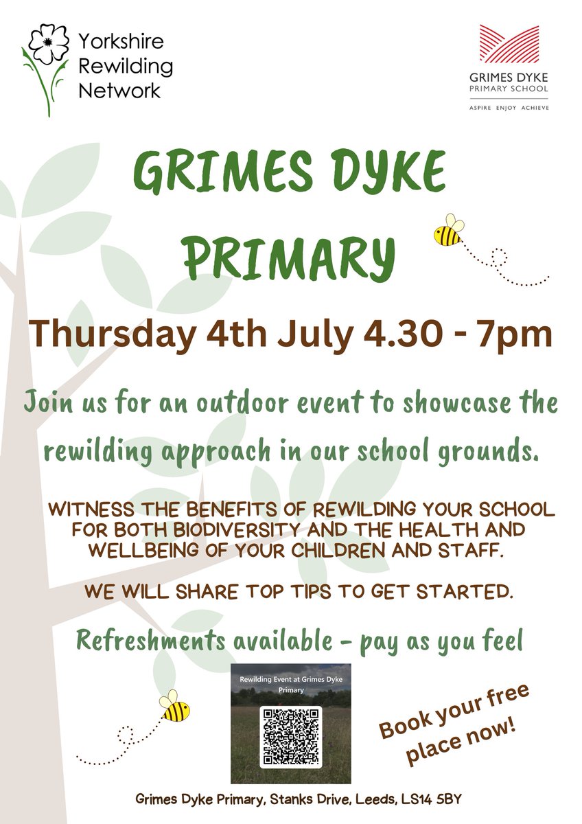 Are you coming to our school grounds open event - 4.7.24 to see our rewilding approach? Click this link to book your free place. forms.office.com/e/UNPsYnY4kQ @DECLeeds @YorksWildlife @Child_Leeds @healthyschools_ @LSChildrenMayor @Leeds_Learning @liz_brook_ @WoodlandTrust @OPAL_CIC