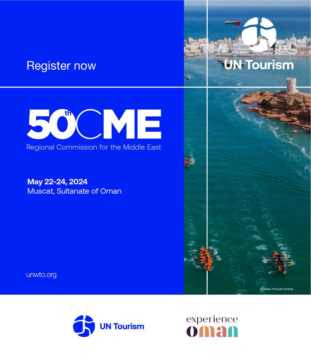🌍Join us for the 50th UN Tourism Regional Commission for the Middle East & the Conference on 'Investing in Tourism: Opportunities and Challenges in Sustainable Financing'. 📍Muscat 🗓️May 22-24 Let's pave the way for sustainable tourism together! 💪 🔗unwto.org/events/the-50t…