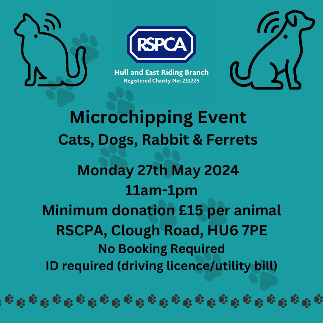 With microchipping laws for cats coming into force on 10th June 2024, we will be holding an event to get your dogs, cats, rabbits and ferrets for just £15. This event is open to all. 🐾📷📷 🐶🐰