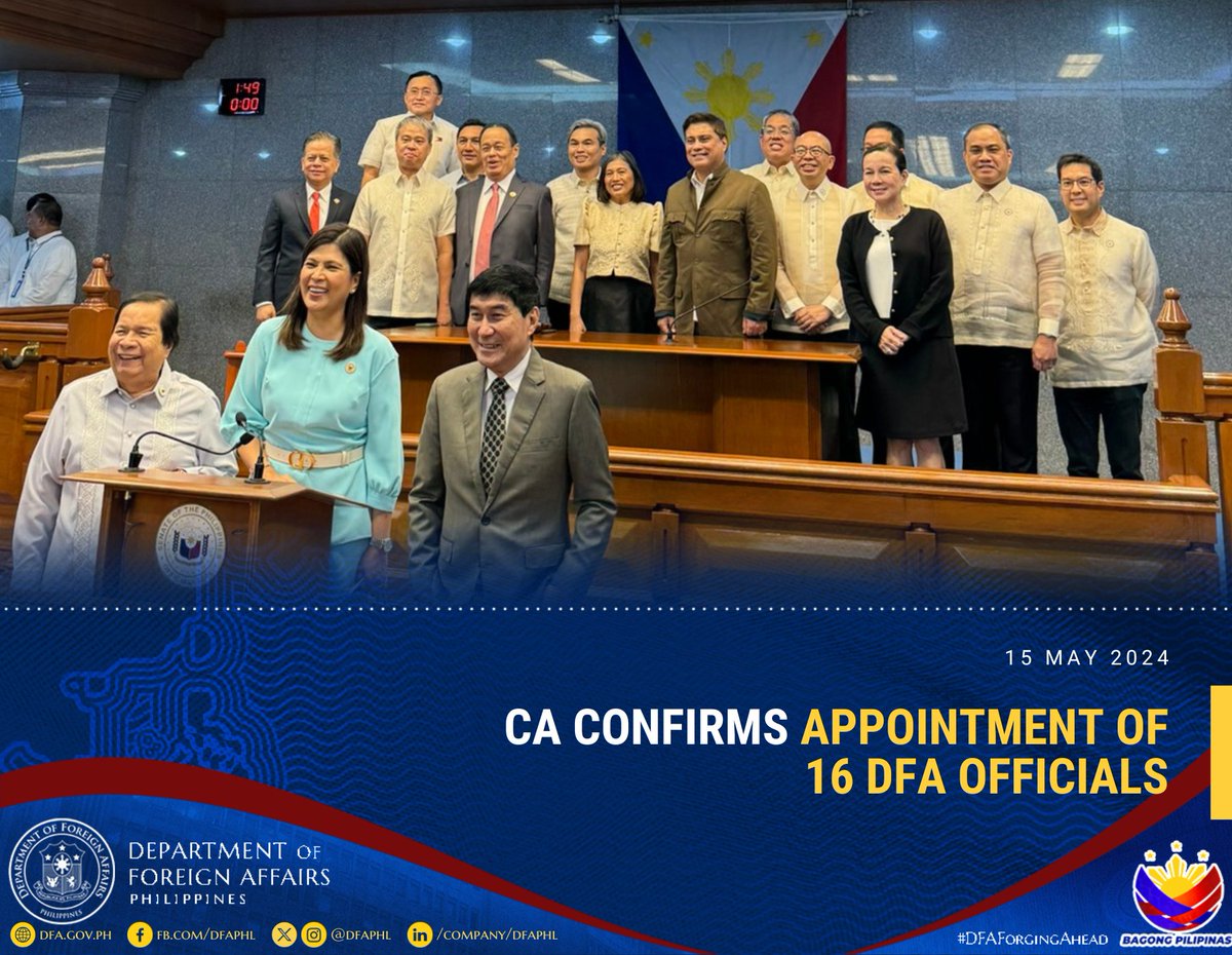 The Commission on Appointments confirmed the promotional appointments of sixteen (16) DFA officials at its Plenary Session on 15 May 2024. Read full story 👉🏻 tinyurl.com/38w6ppxu #DFAForgingAhead